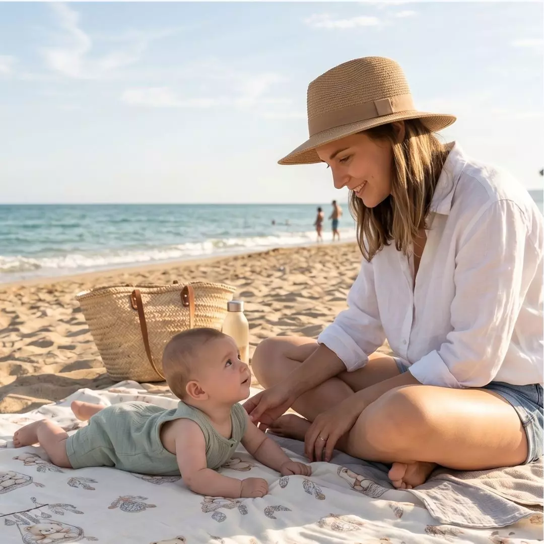 Dwustronny kocyk niemowlęcy (bawełna/muślin) rozłożony na plaży. Niemowlę leżące na bawełnianej stronie we wzór Misiowa Kołysanka Boho.